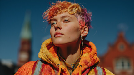 Vibrant realistic non-binary individual with stylish hair expressing confidence – inclusive beauty portrait celebrating gender diversity and creativity