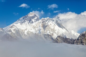 Mount Everest and Lhotse peak among the clouds