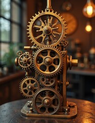Fototapeta premium Vertical steampunk gear mechanism in a vintage workshop, detailed brass machinery with cogs and wheels 