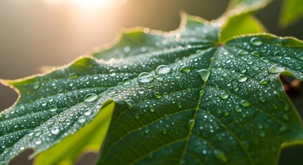 Close up of a green leaf covered in water droplets glistening in the morning sunlight outdoors nature