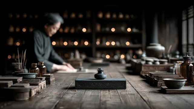 Traditional Chinese pharmacy scene showing traditional medicine making