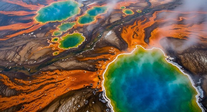 Aerial view of grand prismatic spring showing vivid colors and steam rising from the hot spring