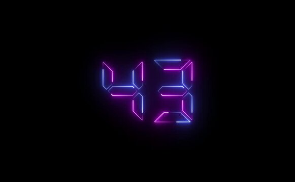 Illuminated number forty three with neon glow effect against a plain black colored background view