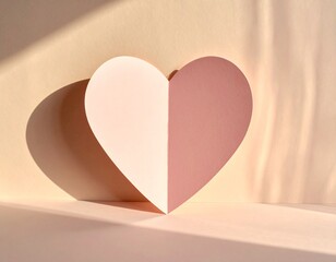 Minimalist paper heart with soft pastel colors and natural sunlight shadow, modern romantic design