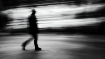 Hyperrealistic image of a person walking away with blurred motion, symbolizing solitude, passage of time, memory, and emotional distance in a minimalist atmospheric scene.
