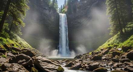 Powerful Waterfall Plunging into a Rocky Gorge Amidst Lush Green Forest