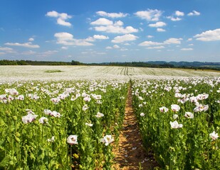 flowering opium poppy field white papaver somniferum