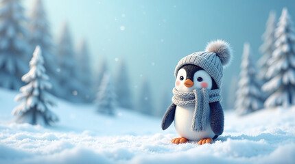 Penguin Wearing Hat and Scarf Standing in Snow Covered Winter Landscape