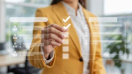 HR Manager Finalizing New Hire Onboarding on a Digital Checklist. HR manager hand checking off the final item on a glowing digital onboarding checklist for a new employee. The interface displays tasks