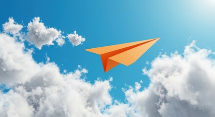 An orange paper airplane soars through a bright blue sky with fluffy clouds.