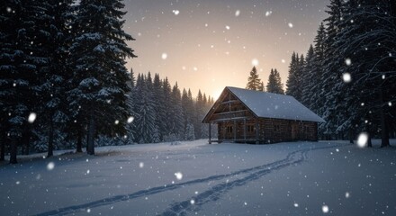 Snowy winter scene. Wooden cabin nestled in a snow-covered forest at sunrise