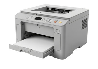 Gray office multifunction printer with paper tray extended isolated on transparent background