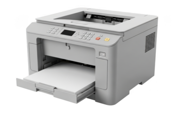 Gray office multifunction printer with paper tray extended isolated on transparent background