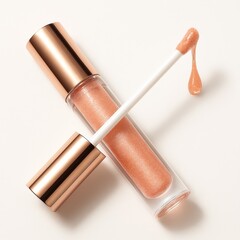 Close up of elegant rose gold shimmery lip gloss with a drop. Beauty product.