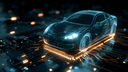 Wireframe car on a cpu representing smart vehicle technology
