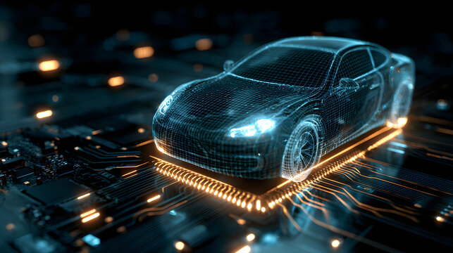 Wireframe car on a cpu representing smart vehicle technology - Powered by Adobe