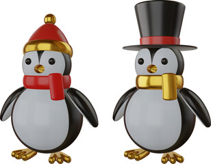 christmas 3d penguin. isolated penguins with different hats and scarves