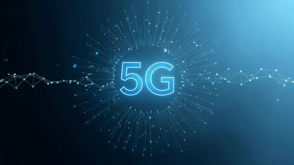 Luminous 5G technology over abstract blue background shows global connectivity, network. 5G technology in digital space represents future wireless communication, broadband, and mobile. - Powered by Adobe