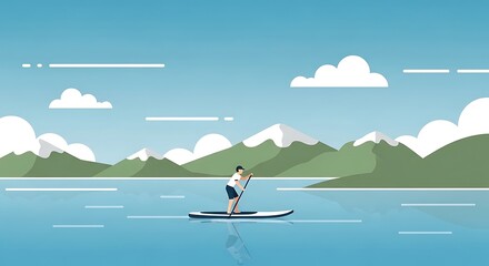 Man Paddleboarding Mountain Lake.