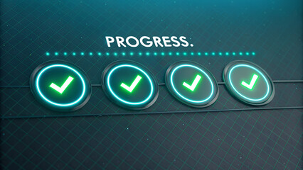 Digital progress bar with glowing green checkmarks on a dark blue background showing completion status and successful task achievement