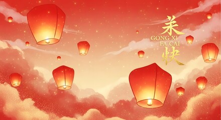 Obraz premium Red Sky Lanterns with Chinese New Year Greeting in a Sparkly Sky