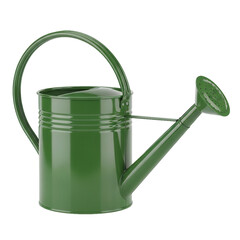 Green metal watering can with handle and spout for garden use.