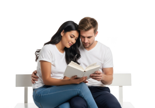Couple reading a book together on a bench isolated on transparent background