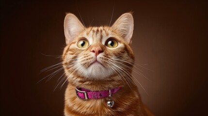 Ginger tabby cat portrait, featuring a pink collar with bell, against a dark background. The cat looks up with curiosity in its bright yellow eyes and with striped fur, it shows elegance and charm.