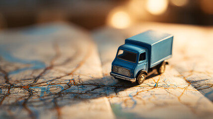 Blue toy truck traveling on paper map, logistics concept