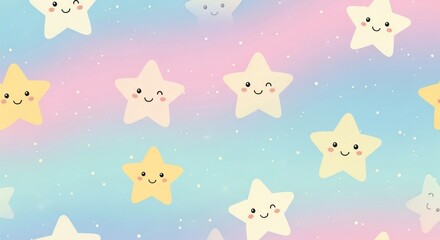 Smiling stars twinkle over a pastel rainbow background with subtle light spots