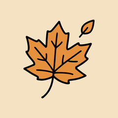 Single autumn maple leaf illustration with black outline and warm orange color on beige background, minimalist seasonal fall design element