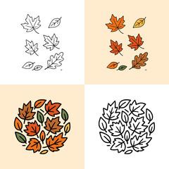 Autumn maple leaves and branches in circle composition, minimalist fall illustration with orange, brown and green colors, seasonal nature design