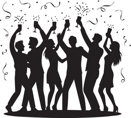Joyful people silhouette celebrating new year with champagne and confetti