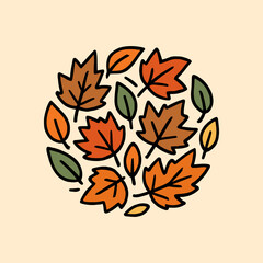 Autumn leaves arranged in circular shape with warm orange, brown and green colors, minimalist seasonal foliage illustration on beige background