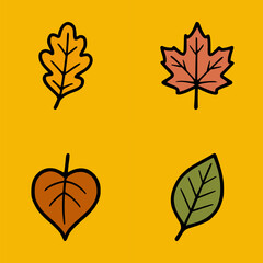 Autumn leaves collection illustration with oak, maple, heart and green leaf shapes, colorful fall foliage design on yellow background
