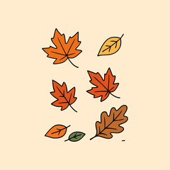 Autumn leaves illustration with orange, brown, yellow and green colors, minimalist fall foliage vector design on beige background for seasonal decoration