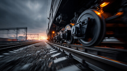 Close-up on train wheels with motion blur at dawn, capturing dynamic movement, speed, and mechanical detail in a hyperrealistic, atmospheric railway scene.