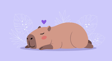 Adorable capybara peacefully sleeping with a heart above its head and delicate floral accents.