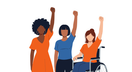 Diverse women united with raised fists symbolizing strength and empowerment together.
