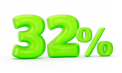Green jelly digit 32% or Thirty two percent isolated on white background. 3d illustration