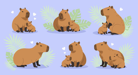 Fototapeta premium A heartwarming collection of capybara mothers and their adorable babies in various tender poses.