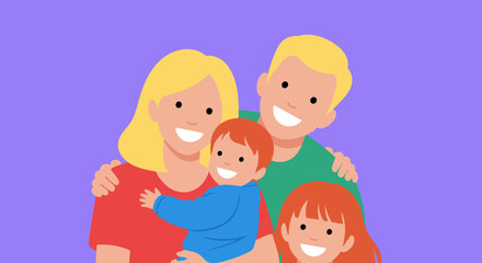 Obraz premium A happy family of four is smiling together with their arms around each other in front of a purple background.