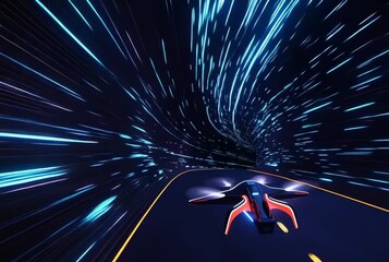 Futuristic drone speeds through a neon lit tunnel on a dark road - Powered by Adobe