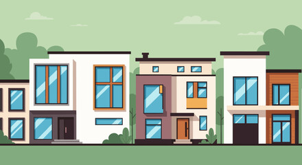 Modern houses in a suburban neighborhood with green trees and blue sky.