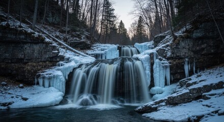Winter waterfall cascading down icy cliffs.  Snowy banks and forest backdrop