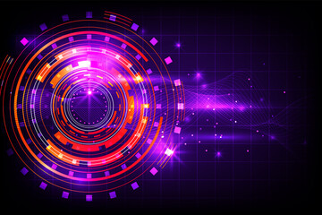 Abstract glowing purple and orange circular digital technology interface