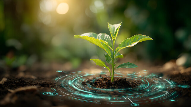 Young plant growing with futuristic technology interface