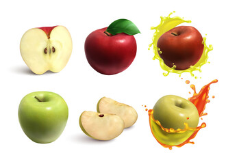 Collection of red and green apples with slices and juice splashes