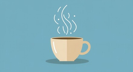 Obraz premium Hot beverage in a mug with steam rising against a blue background.