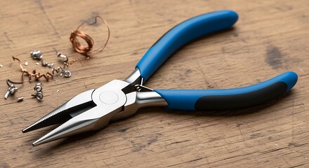 Chain Nose Pliers with Wire Work, and Wood Table.